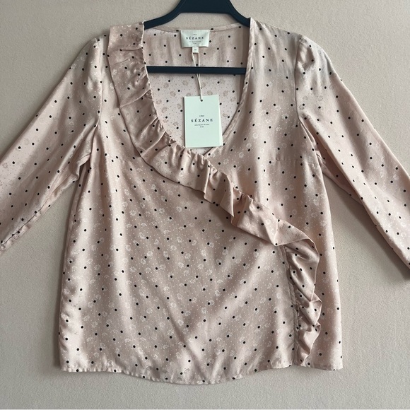 Sezane NEW Quitterie Silk 3/4 Sleeves Blouse in Nude Black Polka Dots in 33/2US - Picture 2 of 16